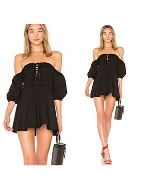 MAJORELLE Off-Shoulder Black Mini Dress with Puff Sleeves